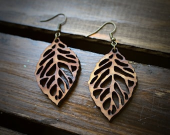 Wood Leaf Dangle Earring