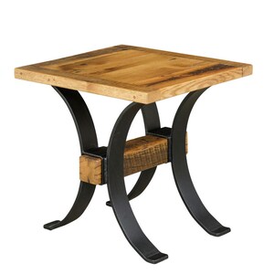 May include: A square wooden end table with a rustic, reclaimed wood top and a black metal base. The base features two curved supports that cross in the middle.