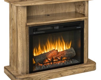 May include: A wooden electric fireplace with a realistic flame effect and a shelf above the fireplace. The fireplace is in a light wood finish and has a black metal surround. The fireplace is on a white background.