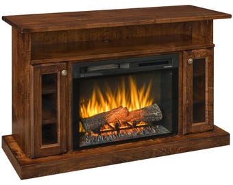 May include: A dark brown wooden entertainment center with a built-in electric fireplace. The fireplace has a realistic flame effect and a log set. The entertainment center has two glass doors on the left and right sides, and a shelf above the fireplace.