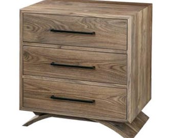 May include: A three-drawer dresser with a wood grain finish and black metal drawer pulls. The dresser has a curved base and is made of solid wood.