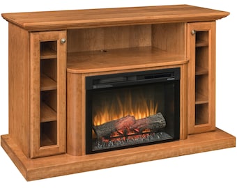 May include: A wooden entertainment center with a built-in electric fireplace. The fireplace has a realistic flame effect and a black metal surround. The entertainment center has two glass doors with shelves on either side of the fireplace.
