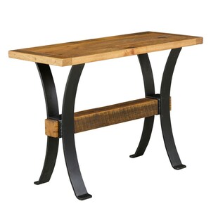 May include: A rustic wooden console table with a black metal base. The table has a rectangular top and a lower shelf. The wood has a natural finish and the metal has a black finish.