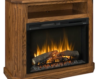 May include: A wooden entertainment center with a built-in electric fireplace. The fireplace has a realistic flame effect and a black metal surround. The unit has a shelf above the fireplace for displaying items.