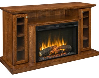 May include: A brown wooden entertainment center with a built-in electric fireplace. The fireplace has a realistic flame effect and a black metal surround. The entertainment center has two glass doors on the left and right sides, each with three shelves. The top of the entertainment center has a flat surface for displaying items.