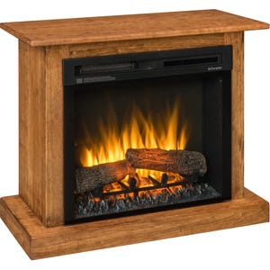 May include: A wooden electric fireplace with a realistic flame effect and a black metal grate. The fireplace has a black control panel with the text "Dimplex" on it.