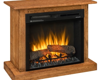May include: A wooden electric fireplace with a realistic flame effect and a black metal grate. The fireplace has a black control panel with the text "Dimplex" on it.