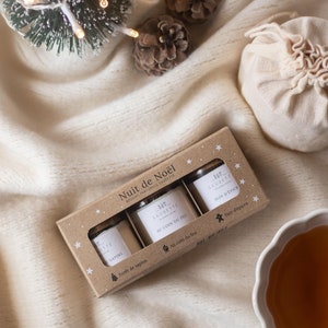 Coffret Nuit de Noël - 3 Bougies artisanales parfumées à la cire de soja naturelle - Forêt de sapins, Au coin du feu et Pain d'épices.