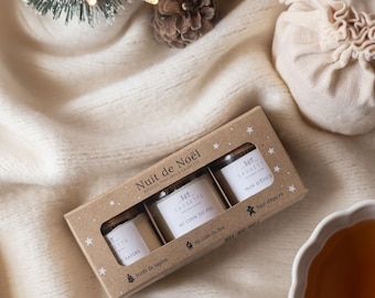 Coffret Nuit de Noël - 3 Bougies artisanales parfumées à la cire de soja naturelle - Forêt de sapins, Au coin du feu et Pain d'épices.