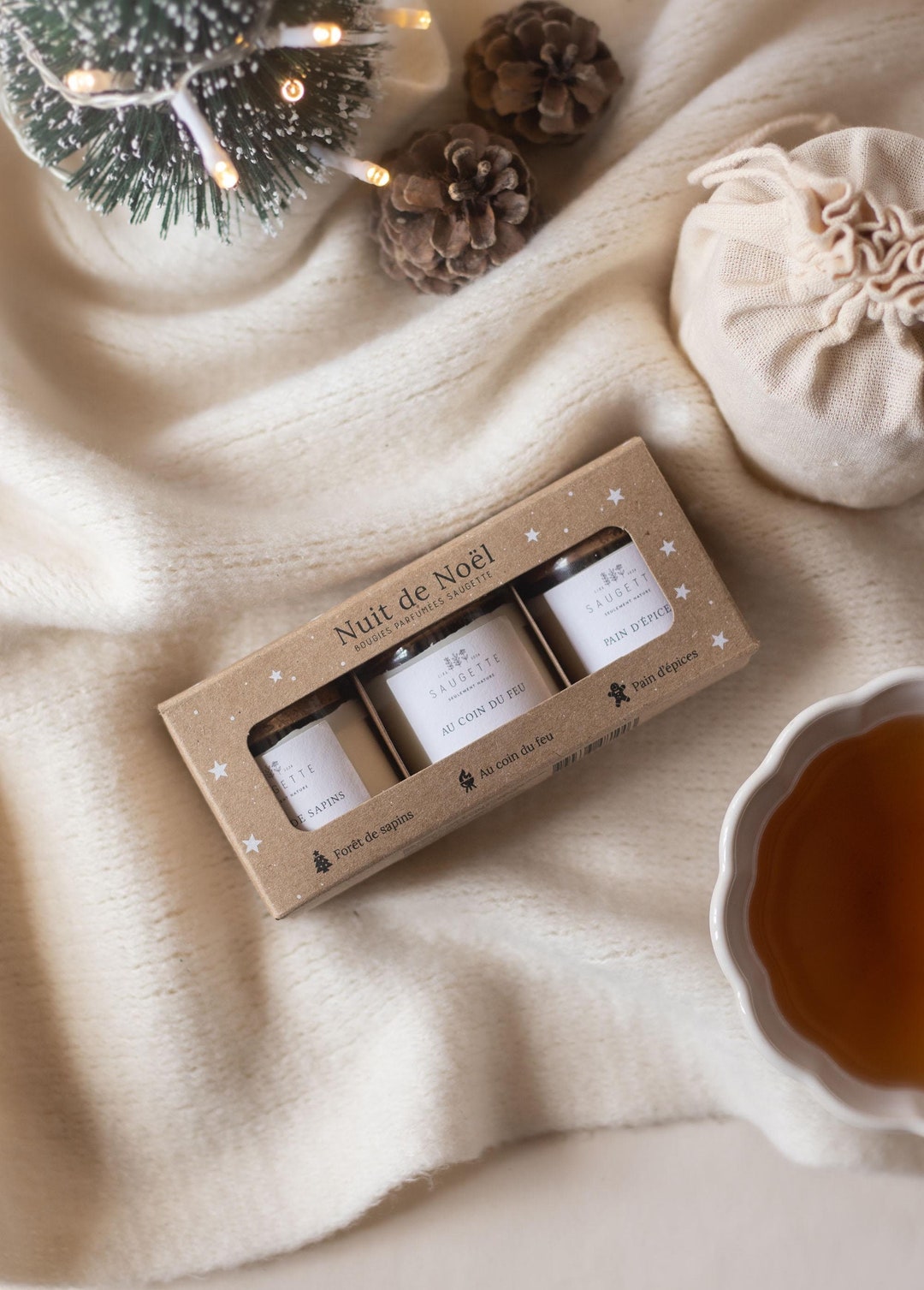 Coffret Nuit de Noël - 3 Bougies artisanales parfumées à la cire de soja naturelle - Forêt de sapins, Au coin du feu et Pain d'épices. - Etsy France