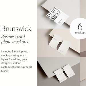 May include: Six mockups of a business card with the text "Brunswick" on the card. The mockups are on a variety of surfaces, including a shelf, a table, and a wall.