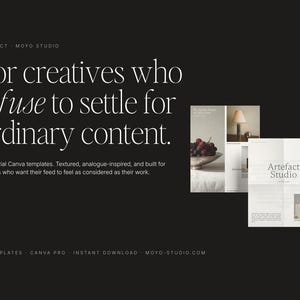 Puede incluir: Fondo negro con texto blanco: &laquo;Para creativos que se niegan a conformarse con contenido ordinario&raquo;. La imagen presenta plantillas de muestra y el texto &laquo;Artefact Studio&raquo;.