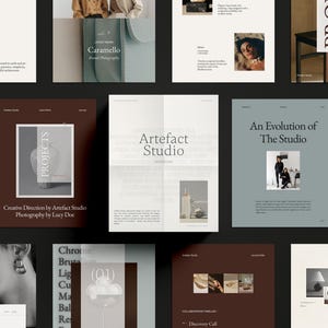 Puede incluir: Una colecci&oacute;n de dise&ntilde;os digitales con texto e im&aacute;genes. Los dise&ntilde;os presentan las palabras "PROJECTS", "Artefact Studio", "An Evolution of The Studio" y "Caramello". La paleta de colores incluye tonos de marr&oacute;n, beige y gris.