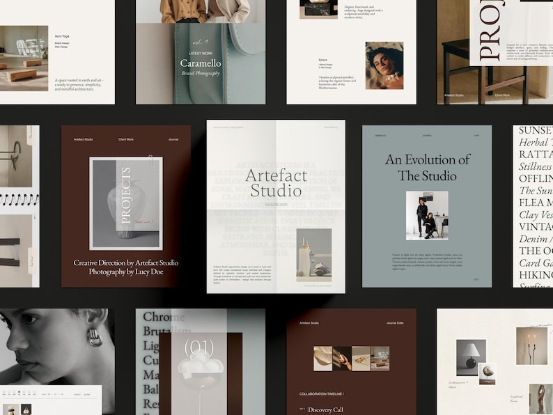 Puede incluir: Una colecci&oacute;n de dise&ntilde;os digitales con texto e im&aacute;genes. Los dise&ntilde;os presentan las palabras "PROJECTS", "Artefact Studio", "An Evolution of The Studio" y "Caramello". La paleta de colores incluye tonos de marr&oacute;n, beige y gris.