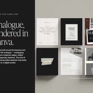 Puede incluir: Composici&oacute;n de arte digital con fondo oscuro y texto "Analogue, rendered in Canva." Se muestran varias im&aacute;genes cuadradas, mostrando una est&eacute;tica minimalista con texto y elementos gr&aacute;ficos.