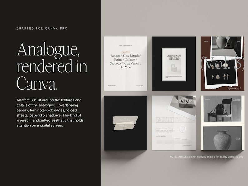 Puede incluir: Composici&oacute;n de arte digital con fondo oscuro y texto "Analogue, rendered in Canva." Se muestran varias im&aacute;genes cuadradas, mostrando una est&eacute;tica minimalista con texto y elementos gr&aacute;ficos.