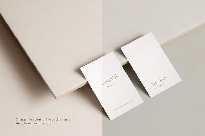 May include: Two white business cards on a light beige surface. The top card has the text "runswick DESIGN CO" and a website address. The bottom card has the text "Hayley Smith CO-FOUNDER".