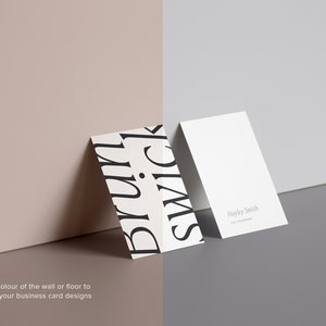 May include: Two business cards, one with a black and white graphic design featuring the text "Brunswich" and the other with the text "Hayley Smith" and the text "CEO Founder".
