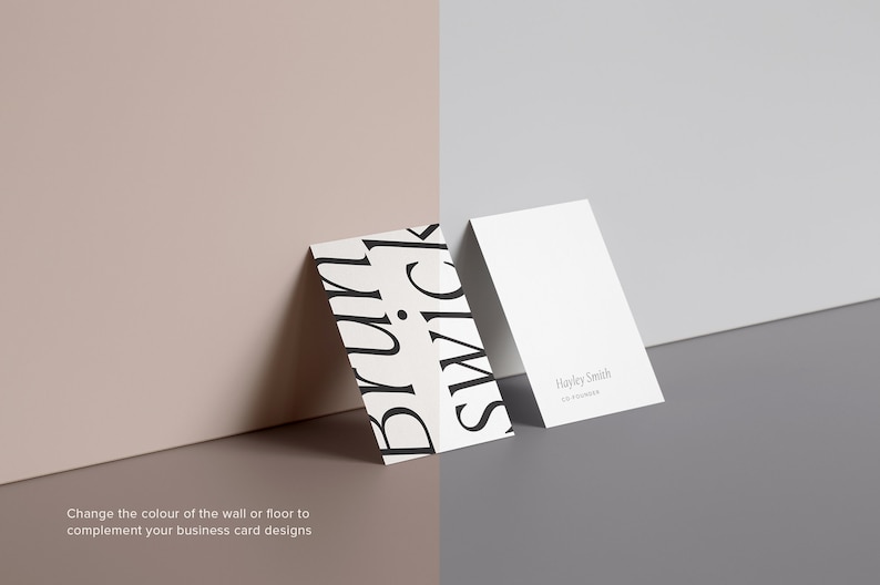 May include: Two business cards, one with a black and white graphic design featuring the text "Brunswich" and the other with the text "Hayley Smith" and the text "CEO Founder".