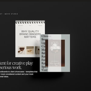 Puede incluir: Imagen promocional con dos plantillas de dise&ntilde;o sobre un fondo oscuro. Una es un cuaderno de espiral con el texto "WHY QUALITY BRAND IMAGERY MATTERS". La otra es un dise&ntilde;o cuadrado con el n&uacute;mero "(01)" y la palabra "Chrome". El texto "Content for creative play and serious work" tambi&eacute;n es visible.