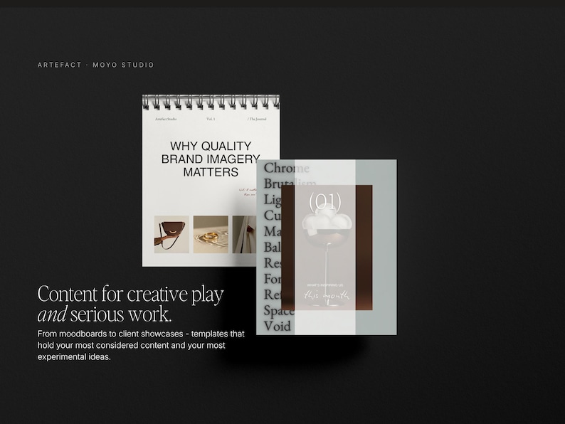 Puede incluir: Imagen promocional con dos plantillas de dise&ntilde;o sobre un fondo oscuro. Una es un cuaderno de espiral con el texto "WHY QUALITY BRAND IMAGERY MATTERS". La otra es un dise&ntilde;o cuadrado con el n&uacute;mero "(01)" y la palabra "Chrome". El texto "Content for creative play and serious work" tambi&eacute;n es visible.