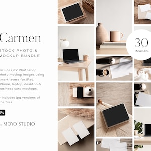 Könnte beinhalten: Eine Sammlung von stilvollen Stockfotos und Mockups, darunter Laptops, Tablets, Visitenkarten und dekorative Elemente. Die Bilder zeigen neutrale Farbtöne und eignen sich für digitales Design und Branding. Der Text lautet "Carmen STOCK PHOTO & MOCKUP BUNDLE" und "30 IMAGES".