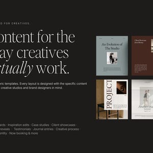 Puede incluir: Fondo oscuro con el texto "CRAFTED FOR CREATIVES" y "Content for the way creatives actually work." Se muestran cuatro ejemplos de dise&ntilde;o, con texto como "An Evolution of The Studio" y "Project."