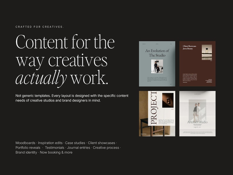 Puede incluir: Fondo oscuro con el texto "CRAFTED FOR CREATIVES" y "Content for the way creatives actually work." Se muestran cuatro ejemplos de dise&ntilde;o, con texto como "An Evolution of The Studio" y "Project."