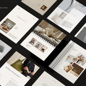 Puede incluir: Una colecci&oacute;n de plantillas de dise&ntilde;o, que incluye un cuaderno con espiral y varios folletos. Las plantillas presentan im&aacute;genes de accesorios, muebles y otros elementos de dise&ntilde;o. El texto "60 TEMPLATES" es visible en la parte superior.