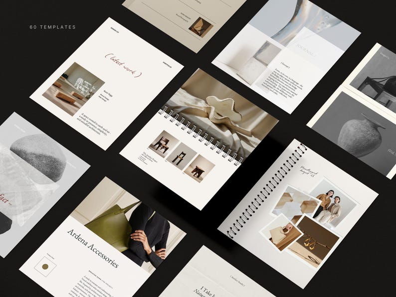 Puede incluir: Una colecci&oacute;n de plantillas de dise&ntilde;o, que incluye un cuaderno con espiral y varios folletos. Las plantillas presentan im&aacute;genes de accesorios, muebles y otros elementos de dise&ntilde;o. El texto "60 TEMPLATES" es visible en la parte superior.