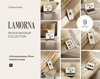 Geräte Mockup Bundle, MacBook iPhone iPad, Retro Neutral Interiors Photoshop PSD