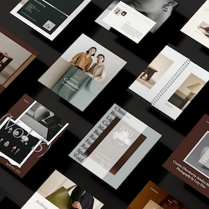 Puede incluir: Vista a&eacute;rea de varias revistas y folletos abiertos, cada uno en un &aacute;ngulo diferente. Las p&aacute;ginas muestran im&aacute;genes de muebles, personas y texto. La paleta de colores incluye tonos de marr&oacute;n, blanco y verde. Algunas p&aacute;ginas muestran texto, incluyendo "Caramello" y "Projects".