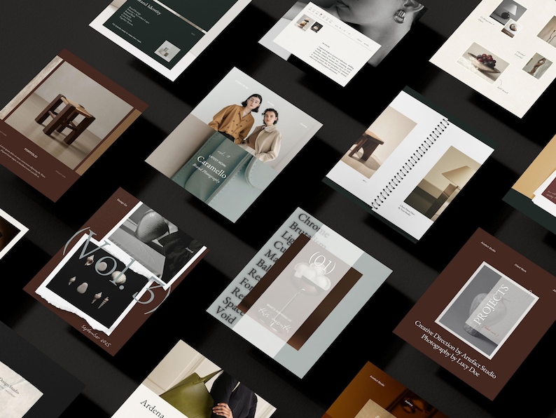 Puede incluir: Vista a&eacute;rea de varias revistas y folletos abiertos, cada uno en un &aacute;ngulo diferente. Las p&aacute;ginas muestran im&aacute;genes de muebles, personas y texto. La paleta de colores incluye tonos de marr&oacute;n, blanco y verde. Algunas p&aacute;ginas muestran texto, incluyendo "Caramello" y "Projects".