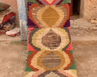 JAMILA-Boho Chic Moroccan Boujaad Contemporary Berber Runner in Salmon Pink, Brown, Orange & Green