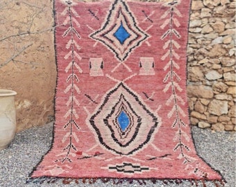 MINA-Boho Chic Vintage Moroccan Boujaad Berber Rug in Salmon Pink & Blue