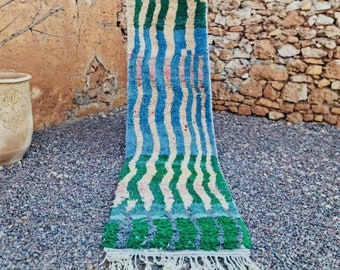 GHITA-Boho Chic Moroccan Boujaad Berber Runner in Turquoise Blue and Emerald Green