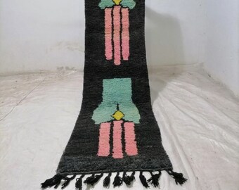 ZOHRA-Boho Chic Moroccan Boujaad Contemporary Berber Runner in Black, Salmon Pink & Green