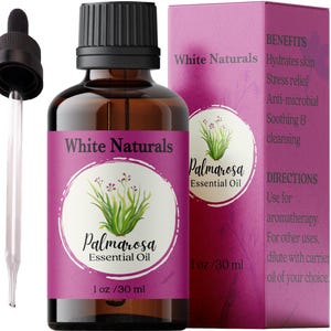 Aceite esencial de palmarosa, aceite de palmarosa 100 % puro y natural, aroma floral y fresco, ideal para aromaterapia, cuidado de la piel y belleza casera, 1 oz