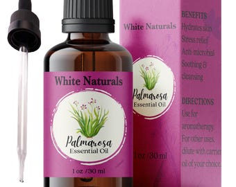 May include: A brown glass bottle of Palmarosa essential oil with a black cap and dropper. The label is white and purple with the text "White Naturals" and "Palmarosa Essential Oil". The box next to it lists benefits and directions.