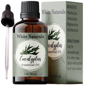 May include: A brown glass bottle with a dropper filled with eucalyptus essential oil. The bottle label is green and white and says "White Naturals Eucalyptus Essential Oil 1 oz/30 ml". The bottle is next to a box with the same label and text. The box also lists benefits and directions for use.