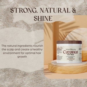 May include: A brown jar of White Naturals Coconut Hair Mask, a deep conditioner for hair. The jar is on a wooden platform with a white and brown background. The text on the jar reads "White Naturals Coconut Hair Mask Ultimate Hair Revival Conditioner Infused with Coconut Oil 6.8 fl oz (200 ml)"