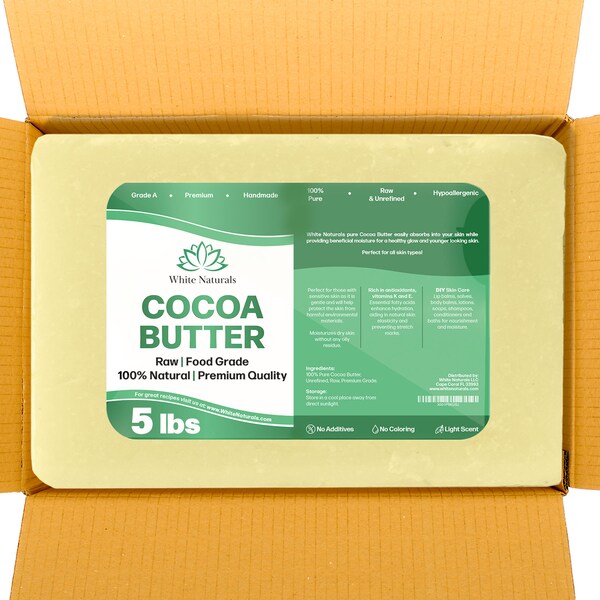 Raw Cocoa Butter Bulk 5 lb, Unrefined, Grade A, Pure, Organic, Food Grade, Perfect For Skin & Hair Care, Great For Diy Recipes