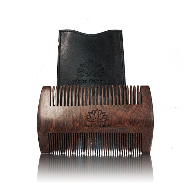 Peigne à barbe pour hommes, peigne à cheveux en bois de santal naturel, peigne à barbe fin à double dents, dents grossières et étui en cuir PU, peigne de poche