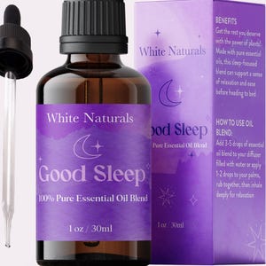 May include: A 1 ounce (30 ml) bottle of White Naturals Good Sleep 100% Pure Essential Oil Blend. The bottle is amber glass with a dropper and a purple label with a crescent moon and star design. The label also includes the text "Good Sleep" and "100% Pure Essential Oil Blend".