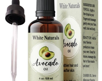 May include: A 4 ounce bottle of White Naturals Avocado Oil with a dropper. The bottle has a brown glass container with a white label that says "White Naturals Avocado Oil 4 oz/118 ml". The label also features a drawing of an avocado.