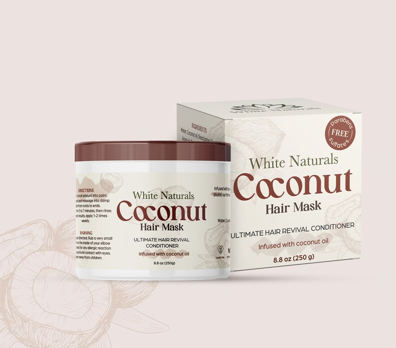 May include: White Naturals Coconut Hair Mask, a brown jar with a white label, and a white box with a brown label. The label says "Ultimate Hair Revival Conditioner" and "Infused with coconut oil". The jar and box are both 8.8 oz (250 g).