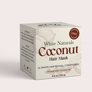 May include: White Naturals Coconut Hair Mask, a white container with brown text and a drawing of coconuts. The container is labeled "Ultimate Hair Revival Conditioner" and "Infused with coconut oil". The container is 8.8 oz (250 g).