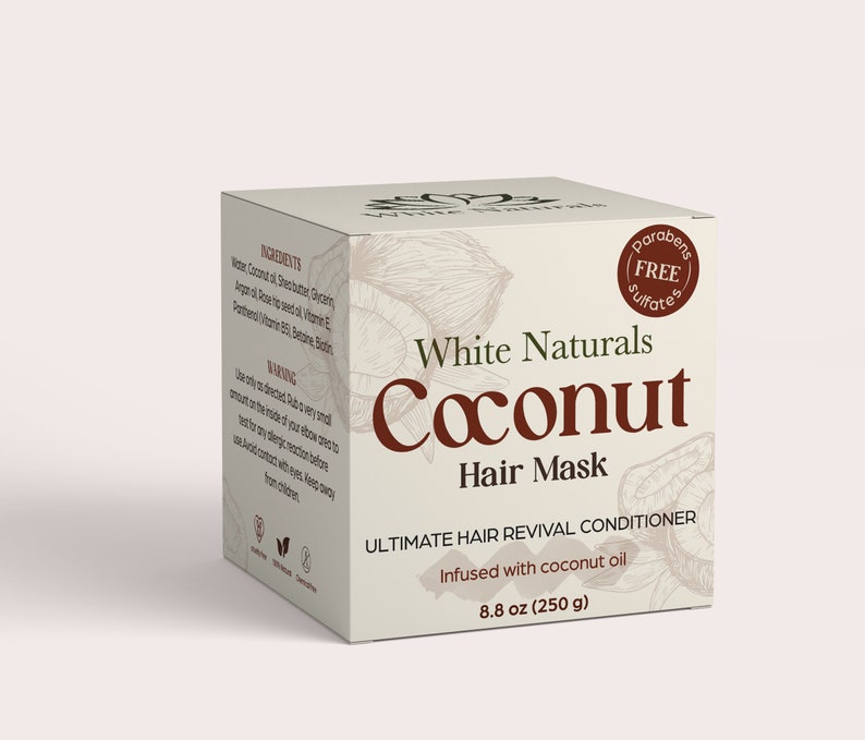 May include: White Naturals Coconut Hair Mask, a white container with brown text and a drawing of coconuts. The container is labeled "Ultimate Hair Revival Conditioner" and "Infused with coconut oil". The container is 8.8 oz (250 g).