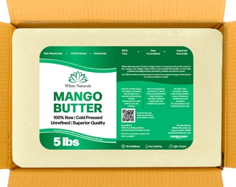 May include: A rectangular block of off-white mango butter packaged in a cardboard box. The label features green and white text, including White Naturals Mango Butter, 100% Raw, Cold Pressed, Unrefined, Superior Quality, and 5 lbs.