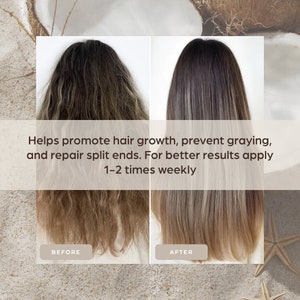 May include: Before and after photos showing the results of using a hair care product. The image shows a person's hair before and after using the product. The hair is healthier and shinier after using the product. The text on the image reads: "Helps promote hair growth, prevent graying, and repair split ends. For better results apply 1-2 times weekly."
